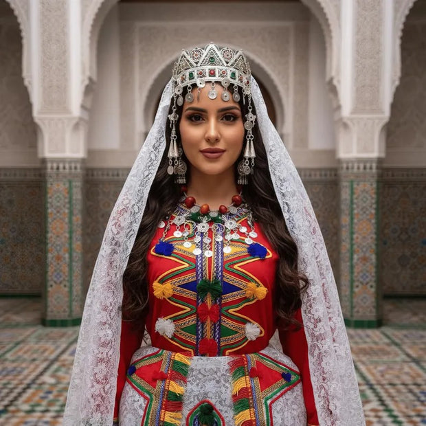 Tenue de mariage marocaine amazighe faite main – Robe caftan berbère avec couronne et accessoires