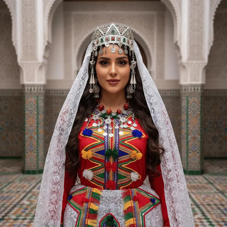 Tenue de mariage marocaine amazighe faite main – Robe caftan berbère avec couronne et accessoires