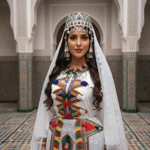 Tenue de mariage marocaine amazighe faite main – Robe caftan berbère avec couronne et accessoires